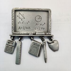 Vintage JJ Jonette Pewter Toned Metal Dangle Math Teacher Blackboard Brooch Pin